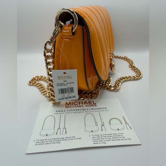 Michael Kors Orange Patent Quilted Crossbody with Gold Chain Strap - Picture 5 of 11